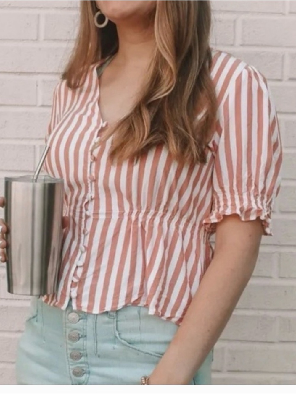 Madewell Pink and White Vertical Stripe Button-Front Peplum Blouse